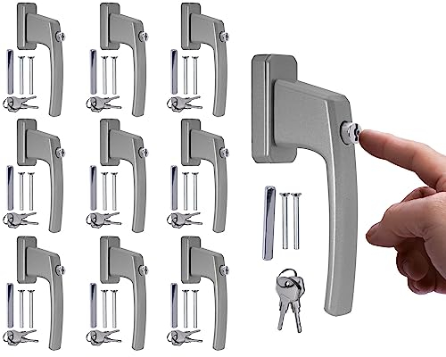 Stahlia Abschließbare Fenstergriffe Aluminium (10 Stück) Silber ergonomisch Druckknöpfe Balkontürgriff Fenstersicherung Fensterbeschläge Fensterschloss