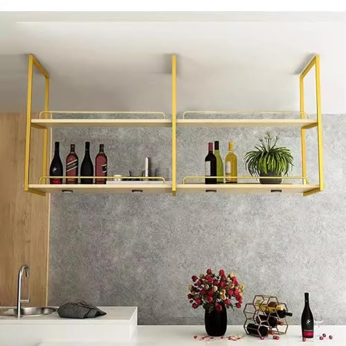 Lonmrrton Decken-Hängeregal schwebende Holzregale, 2 Etagen Hängepflanze Blumentopfständer Metall-Lagerregal Wandregal für Bar Küche Restaurant, mit Geländer (Size : 100x30x80cm)