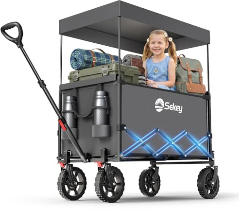 Sekey XXL rullvagn, vikbar barn 150 l 150 kg, vikbar rullvagn med tak, vikbar handvagn med solskydd för utflykt, strand, camping, tak-S 4018, grå