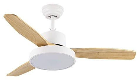 Abrila - Ventilatore DC KAVALA | Colore bianco con tre pale reversibili in colore faggio | 3 temperature di luce | con timer e telecomando incluso | stile vintage