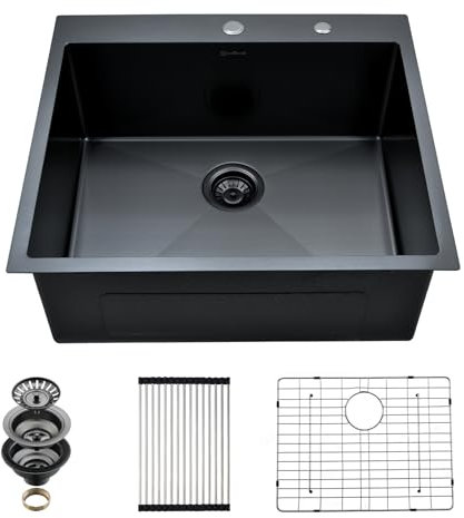 EcoChannels Lavello da cucina, Lavabo Sottopiano, 63 x 56 cm, Vasca Singola da 16 Gauge, T-304, Acciaio Inox Canna di Fucile, Nero