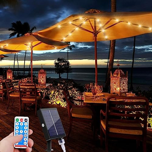 EONANT Solar Regenschirm Licht mit 8 Beleuchtungsmodi und Fernbedienung Akku LED Regenschirm Terrasse Licht Außenbeleuchtung Strandzelt Garten Camping Party Dekoration (Warm Weiß)