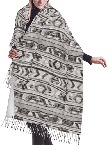 WURTON Winterschal mit Quaste, warm, grau, Tribal-Druck, Schal, Damen, Kaschmir-Flor, Fransenschal, Accessoire, Geschenk, Graues Tribal, Einheitsgröße