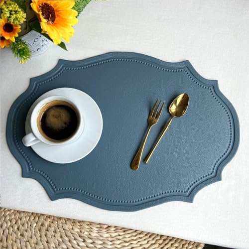 Ueiwffzo 4er Set Tischsets Abwaschbar, 43x30cm Oval Tischsets Abwaschbar, rutschfest Tischsets Abwaschbar, Wärmeisolierung Tischsets, Hochwertige Leder Tischsets (Blau)