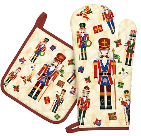 Arquiel Weihnachten Ofenhandschuh und Topflappen 2er Set, 100% Baumwolle Kochhandschuhe Weihnachtsnussknacker, Hitzebeständiger Küchenhandschuh Zum Kochen Backen Grillen Geschenk