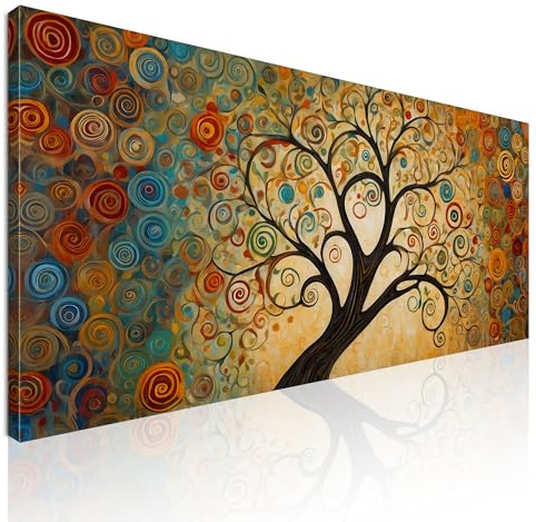 CheQuadro! Quadro moderno soggiorno, orizzontale lungo, Albero della Vita con Spirali Colorate e Sfondo Dorato, su tela, intelaiato pronto da appendere bow3-150x70 cm