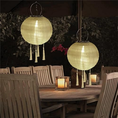Lampions Solar Außen Wetterfest, 2 Stück Nylon Led Lampions Outdoor Solar Gartenlaterne Solarlampions für Außen Hängend Warmweiß mit Fransen für Garten, Hof, Terrasse, Hochzeit (30cm/Beige)