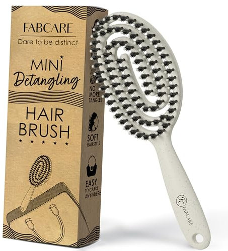 FABCARE Mini cepillo para cabello con cerdas de jabalí, desenredante en espiral, doble resorte, herramienta profesional para peinar y cuidar, diseño compacto y portátil, ideal para uso diario (Beige)