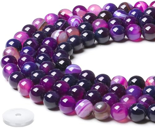 QINJIEJIE Lila gestreifter Achat Perlen 8mm mit Loch Edelstein Perlen Zum Basteln Runde Kristall Beads Lila Glasperlen Beads für Armbänder Erwachsene DIY Halskette Schmuckherstellung (50 Stück)