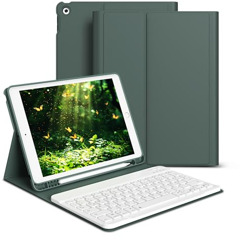 GKABXY hülle mit Tastatur für iPad 9/8/7 Generation 10,2, 2021/2020/2019 | weiche TPU Rückseite Gehäuse mit Stifthalter, Magnetische Abnehmbar Kabellose Bluetooth Tastatur, QWERTZ-Layout, Nachtgrün