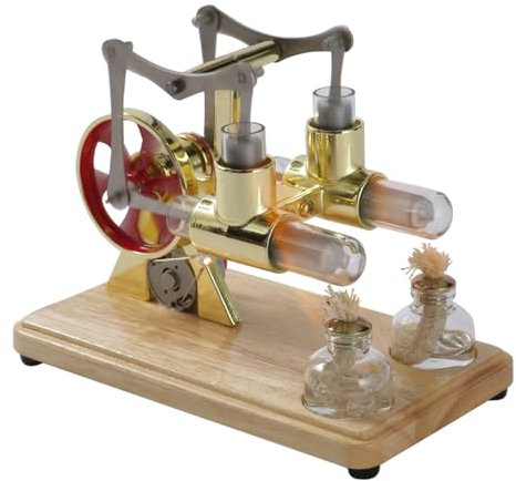 Stirlingmotor, Dampfmaschinen-Bausatz, Doppelzylinder-Balance mit Eichenholz-Grundplatte und Tropfen-Handwerkskunst für Lehrreiche Vorführungen und Kinderunterhaltung (Gold)