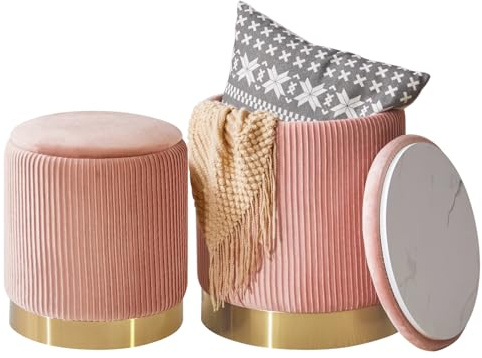 IBUYKE Set von 2-runden Ottoman mit Lagerung für Metallring Dekoration, Samt Eitelkeitshocker für Make-up, moderner gepolsterter Sitz Couchtisch, Mehrzweckfußstütze Hocker für Wohnzimmer, Rosa WBD016P