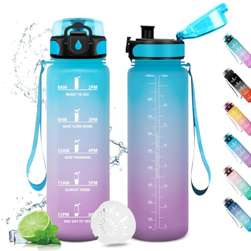 Trinkflasche Sport 1L, Trinkflaschen Kohlensäure Geeignet, Wasserflasche Sport Auslaufsicher mit Zeitmarkierung, Trinkflasche mit Filter, Sportflasche für Fitness, Gym, Schule, Outdoor, Yoga