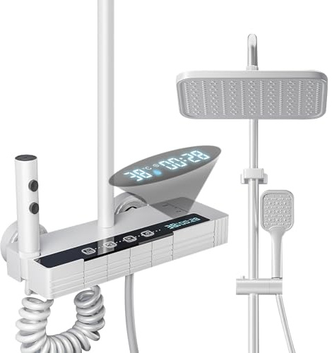 LED con Pantalla Digital, Columna Termostática 80-120 cm, Altura Regulable, Cabezal de Ducha 20 x 30 cm, 3 Mezclador con Estante (C)