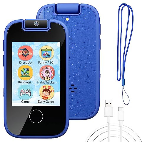 PTHTECHUS Children's Mobile Phone - Toy Phone with Flip Camera, MP3, Habit Tracker, Touch Screen, 13 Games, Alphabet, Educational Learning Gifts for 4-10 Girls Boys (Blue)