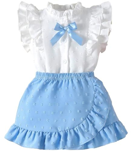 LUVCES Barnklänningar ärmlös kjol set volang och rosett fram skjorta elegant schweizisk prickig kjol 2 delar sommarkläder för flickor, A: blå, 12-18 M�nader