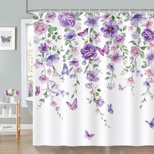 Bonhause Duschvorhang Lila Floral Schmetterling Aquarell Blumen Blätter Duschvorhänge 180 x 180 cm Anti-Schimmel Wasserdicht Polyester Stoff Waschbar Bad Vorhäng für Badzimmer mit 12 Haken