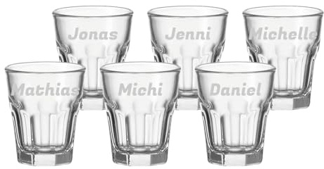 LUXENTU Schnapsglas mit Gravur, Name horizontal, 50ml, 6 Stück | Personalisierte Stamper, einzeilige Namensgravur, Geschenk zur Hochzeit oder Geburtstag, Spülmaschinenfest