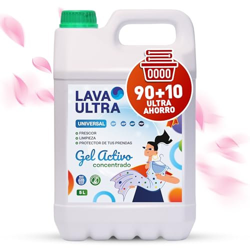 Lava Ultra Gel Activo 5L,100 Lavados - Detergente Líquido Concentrado para Lavadoras, Sin Fosfatos, Apto para Todo Tipo de Telas, Suave y Fresco, Fabricado en España