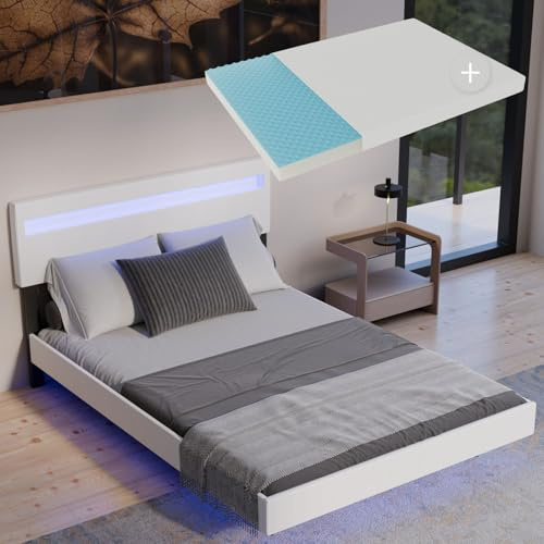 Juskys Schwebebett Lissabon 140x200 cm weiß mit Matratze - Polsterbett mit LED, Lattenrost und Kopfstütze - Modernes Bett mit Holz Bettgestell und Kunstleder