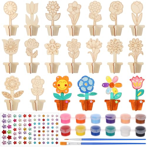 Kaisibum 20 Stück Holzblumen zum Bemalen,Blumen Holzbastelsets für Kinder | 3D Holz Blumen, Basteln Bastelset Kindergeburtstag, Kristallaufkleber, Pinsel, Farben für Kinder zum Basteln