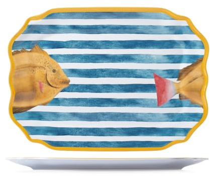 H&H, Vassoio Marea in Melamina Decorata – 45x33 cm – Righe Bianche e Ottanio, Bordo Giallo, Decoro Pesce – Lavabile in Lavastoviglie