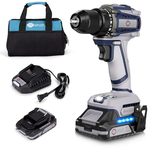 HeroJet 20V Cordless Drill, Power tool, 620 in-lbs Torque, 3/8 Metal Keyless Chuck with Safety Lock, 20+1 Position Electric Drill Driver with LED, Brushless Power Drill with 2.0Ah Battery and Charger