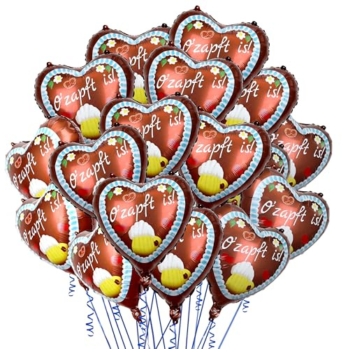 Oktoberfest Deko,20 Stück O' Zapft is'' Herz Folienballons im Lebkuchenherzen Design,Oktoberfest Luftballons,43cm Folienballons mit Band,Bayrische Deko für Party, Festzelt,Hintergrund