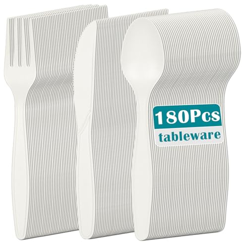 YOMKILU 180 Pièces Couverts Reutilisable, 60x Fourchettes, 60x Cuillères et 60x Couteaux, Couvert de Table pour Fêtes Mariages Anniversaires, Blanc