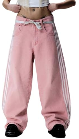Generisch Damen Baggy Jeans in Rosa mit Seitenstreifen - Weite Skater-Hose im Y2K- und 90er-Jahre-Stil | Lässige Streetwear-Jeans mit Stoffgürtel