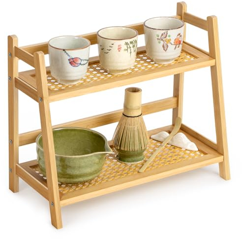 ANBOXIT Kaffeestation Organizer, 2 Tier Regal für Matcha & Kaffeezubehör | Geflecht-Optik Bambus Tassenregal für Küche, Haushalt & Büro, Gewürz Organizer