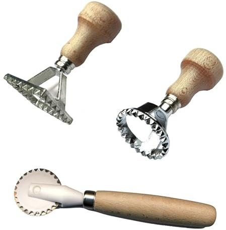 Set 3 Stampi Ravioli con Manico in Legno, Quadrato 48 mm, Rotondo 36 mm e Rotella Tagliapasta, Utensili da Cucina Made in Italy Robusti per fare Pasta Biscotti Ravioli fatti in casa, prodotti italiani