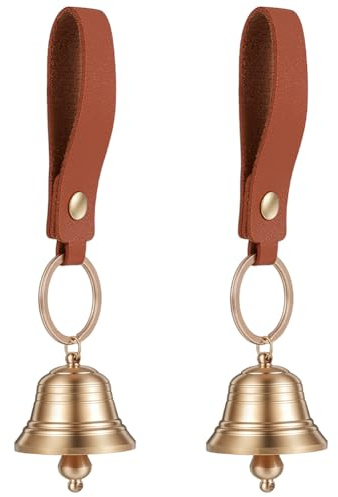 CRAFTYMELODY Campanello sospeso in ottone dorato (2 pezzi) piccolo campanellino da appendere per maniglia della porta del giardino, decorazione di Natale, campana commerciale con corda in similpelle.