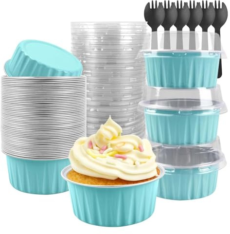 30Pcs Mini Cake Cases with Lids and Spoons, 150ml Reusable Aluminum Cupcake Cases, Square Baking Cups, Aluminum Foil Small Loaf Cake Cases for Bread and Desserts (Blue-Round)