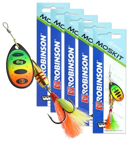 ROBINSON Spinner Angelköder 5er Set | für Hecht, Barsch, Zander & Forelle | Starke Druckwellen durch breites Metallblatt · VMC-Drilling auf Edelstahl · Feder am Haken · 5er Sparset
