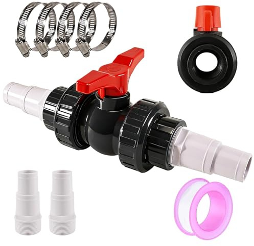 Kugelhahn mit Schlauchverbinder 1,5 Zoll (50 mm), PVC Absperrhahn Pool Absperrventil Set inkl. 2 Schlauchtüllen 32–38 mm, Poolschlauch Verbinder Pool Adapter Kugelventil mit Klemmen & Dichtband