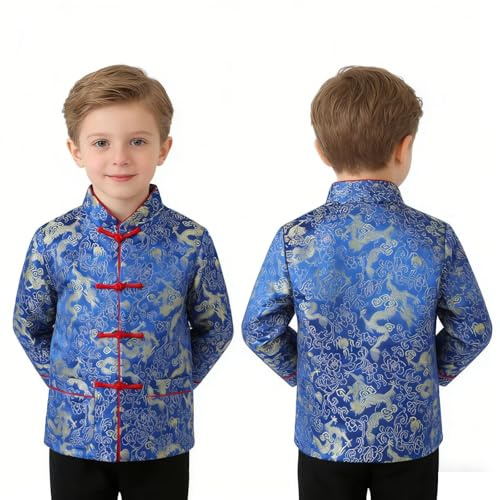 Little Boys Dragon Tang Coat Long Sleeve Chinese Clothing Children Costumes Boy Jackets Outfit Tops (Blue, 12)