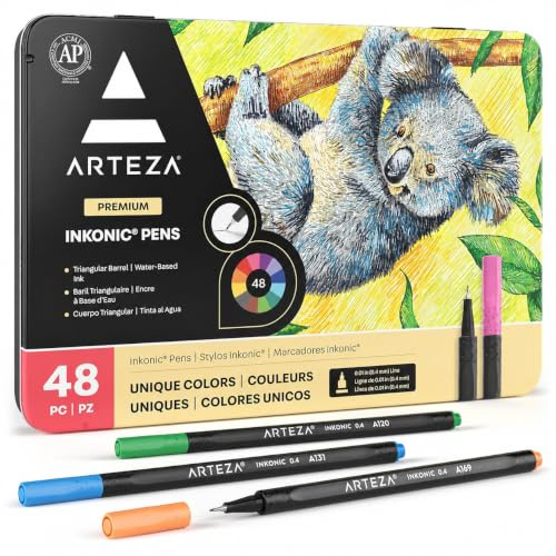 ARTEZA Inkonic Fineliner Pens, Set of 48, 0.4 mm Fine Tip Markers for Drawing, Journaling, Coloring & Note Taking
