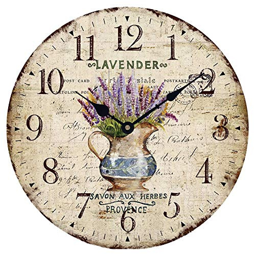 YOAI Wanduhr küchenuhr Vintage Shabby CHIC Antik Nostalgie Rustikale Quarzuhr aus MDF mit lautlosem Uhrwerk,12 Zoll/30CM Ø (Lavendel im Topf)