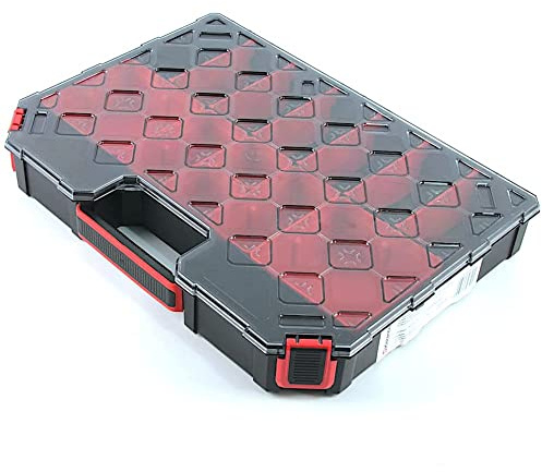 Caja clasificadora de piezas pequeñas con separadores, mango ergonómico de plástico, tapa transparente, 390 x 284 x 60 mm