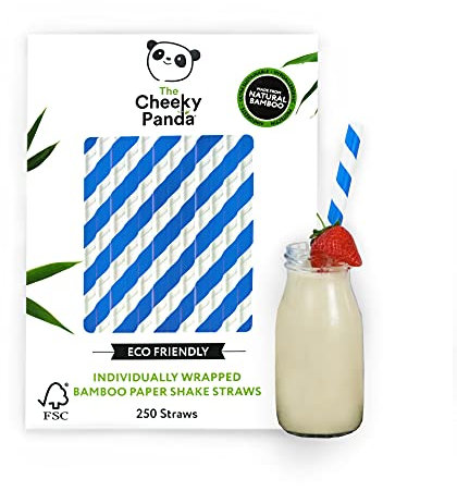 The Cheeky Panda Bamboo Paper Bubble Tea Straws | 250 Blue Striped Wide Drinking Straws | For Boba Tea, Milkshakes and Smoothies