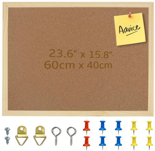OWLKELA 60x40cm Thicken Cork Notice Pin Memo Board with 10 Pushpins and Hanging Rings Vision Bulletin Board for Office, Classroom or Home Classic Wooden Frame