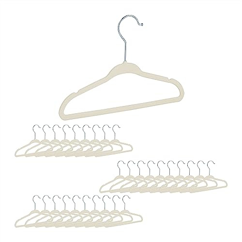 Relaxdays 30 x Kinderkleiderbügel Samt, rutschfeste Kleiderbügel, Steg & Kerben, Mädchen & Jungen, drehbar, Kinderbügel, beige