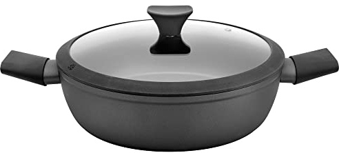 FLORINA Heston Cazuela Baja Inducción 26cm, 3 Litros, Aluminio Forjado, Tapa de Cristal, Antiadherente 3 Capas sin PFOA, Apta todas Cocinas, Vitrocerámica, Gas (1G0057)