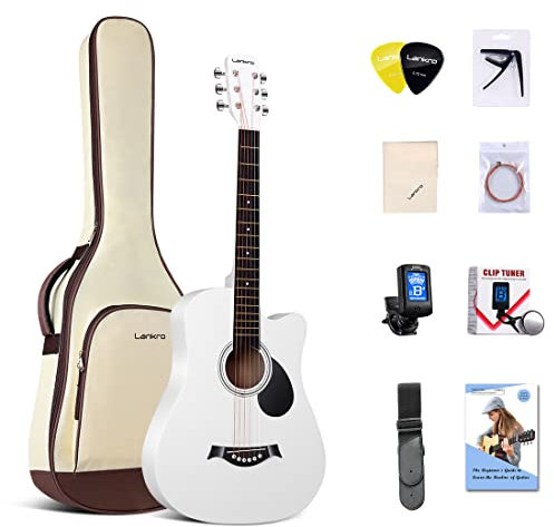 Lankro 38 Zoll Akustik Gitarre für Anfänger Westerngitarre Weiß Linde Cutaway Guitarra Set mit Gig Bag Stap Learning Book Saiten Strap Tuner Picks Capo Reinigungstuch