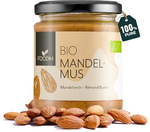 FOODIN Bio Mandelmus braun im Glas, Mandelbutter, ausgezeichnete Protein- und Fettsäurenquelle, 100% biologisch, glutenfrei und vegan (250g)