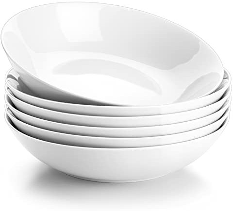 MALACASA, Series Regular, Tazón de Pasta de 8, Tazón de Porcelana para Ensalada de Pasta, Tazón de Fuente Grande de Cerámica Blanca para Ensalada, Sopa, Pasta y Frutas, Juego de 6