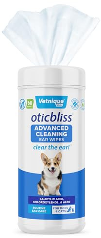 Vetnique Oticbliss Cat & Dog Ear Wipes - Dog Ear Infection Wipes or Dog Ear Cleaner Wipes for Dirty, Waxy, Smelly Ears, Odor Control with Aloe Vera & Salicylic Acid (X-Lg Ear Cleaning Wipes (60ct))