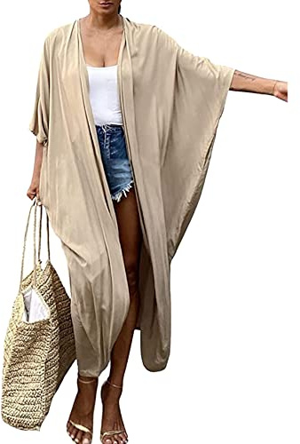 HYUET Maxi-strandklänning dam, bikini-täckplagg dam i stor storlek, strandponcho, lång, boho, damkimono, lös, sommarpareo, lång sommarklänning, elegant maxiklänning i bomull, för semester, D-beige, En