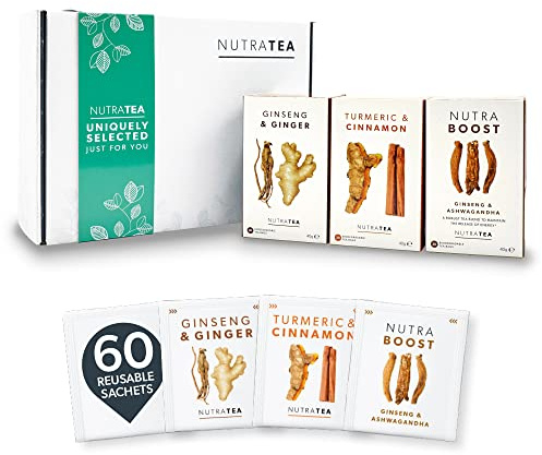 NutraTea - The Active Lifestyle Gift Box - Herbal Teas Perfect For A Busy Lifestyle - Tea Gift Box For Birthday, Get Well Soon & Easter - Herbal Tea Gift Set - 60 Tea Bags | 3 Flavours